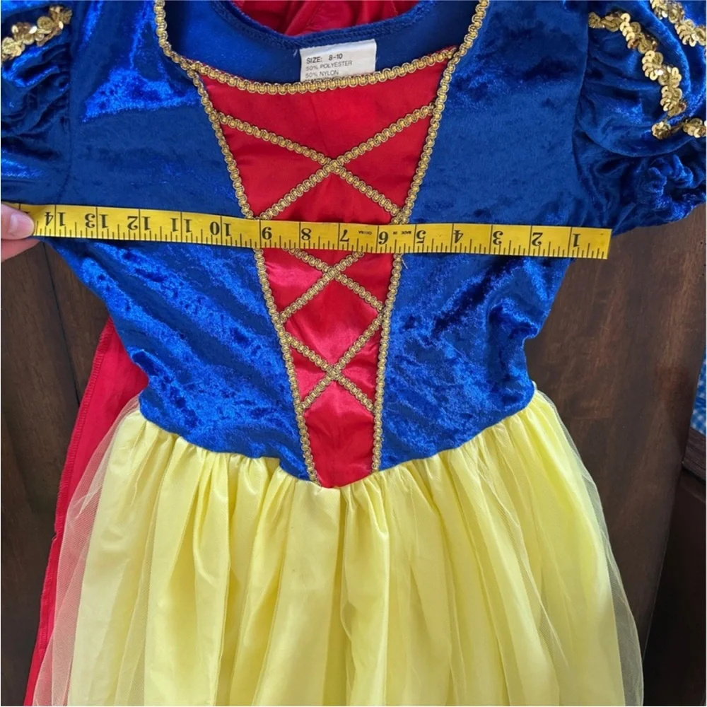 Snow White costume with red cape yellow blue gold sequins EUC girls size 8/10